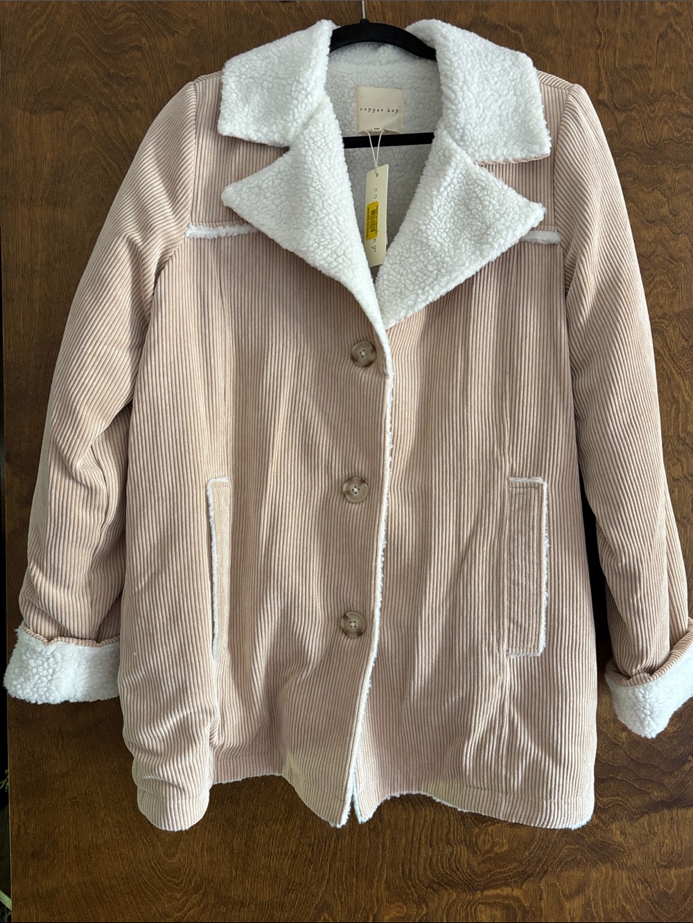 Copper Key Blush Pink Corduroy Teddy Jacket with White Sherpa